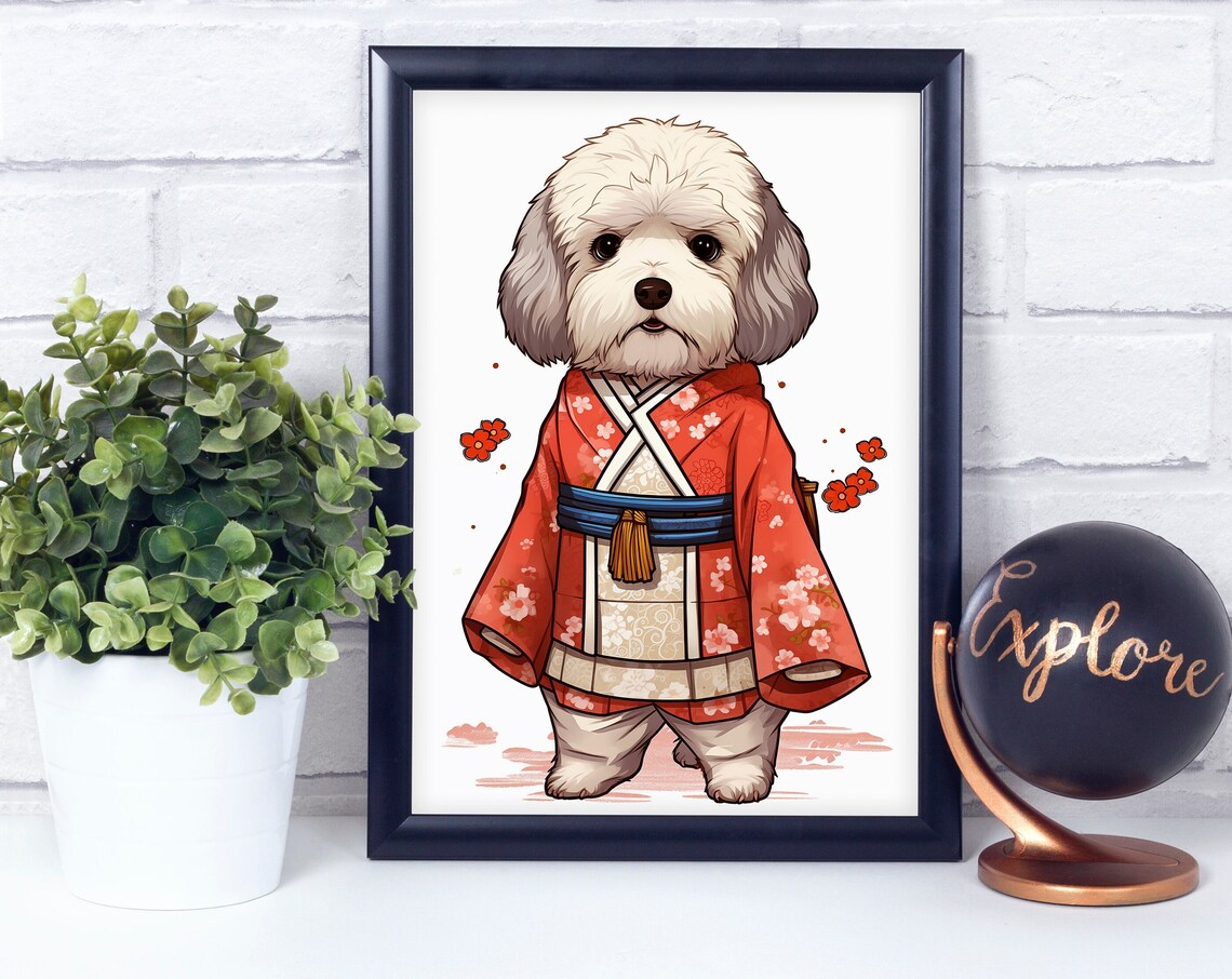 Fluffy White Dog in Red Kimono Cute Japanese Style Animal Poster