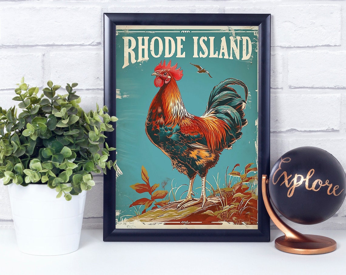 Rhode Island Red Rooster Vintage State Bird Retro Art Poster