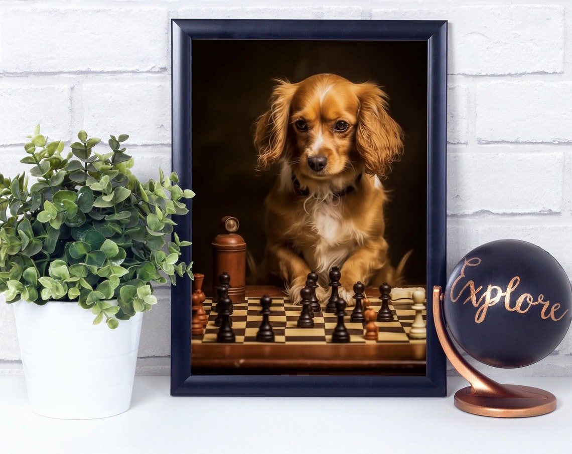 Golden Spaniel Puppy Playing Chess Framed Portrait Humor Poster
