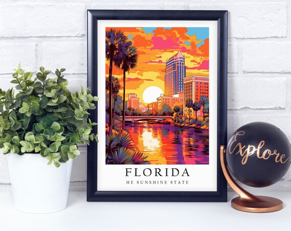 Florida Sunshine State Sunset Riverfront Pop Art Travel Poster