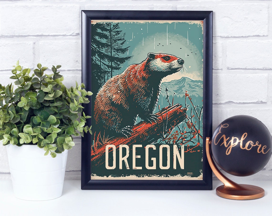 Oregon Beaver on Log Retro Pacific Northwest Travel Art Poster