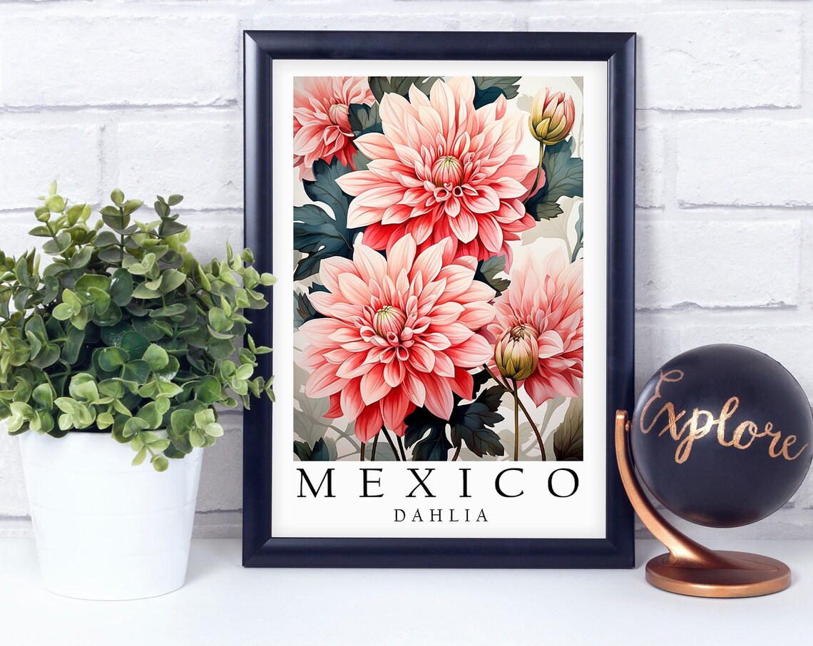 Mexico Dahlia National Flower Coral Blossom Botanical Art Poster
