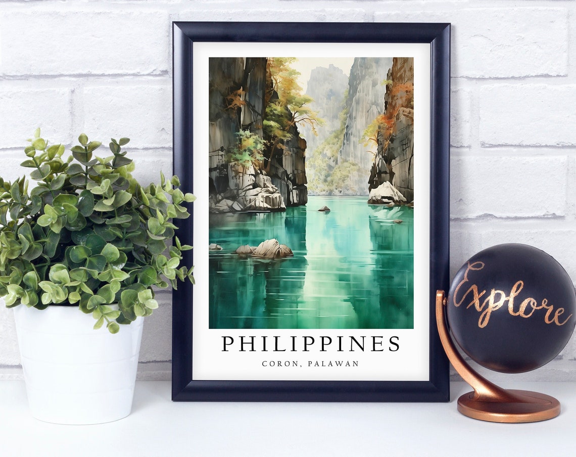 Coron Palawan Philippines Turquoise Lagoon Watercolor Travel Poster
