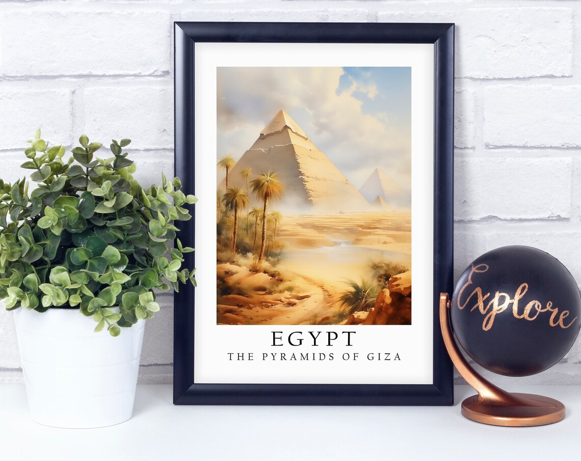 Pyramids of Giza Egypt Watercolor Desert Landscape Travel Print