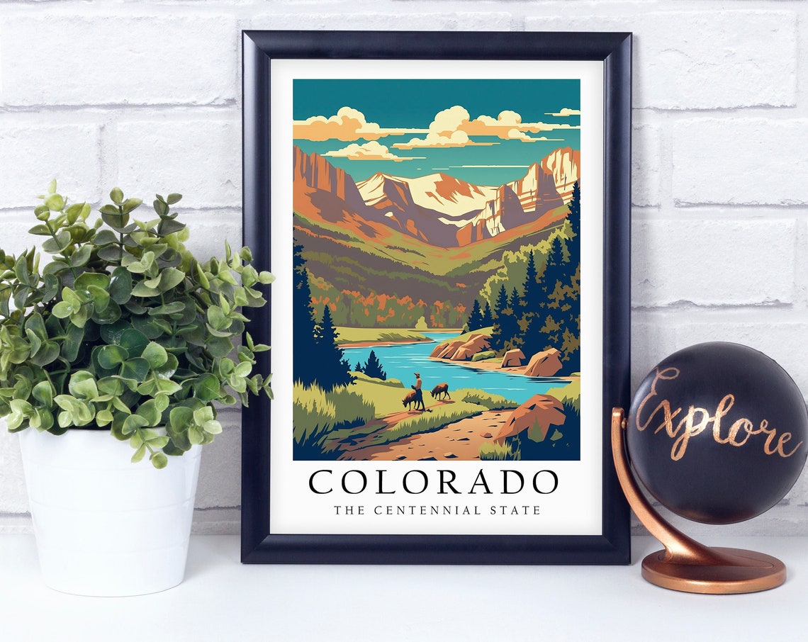 Colorado The Centennial State Retro Mountain Landscape Travel Poster