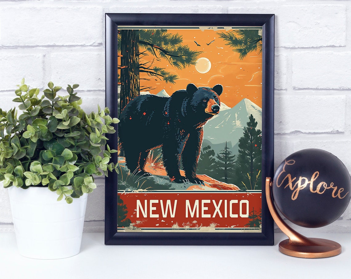 New Mexico Black Bear Mountain Sunset Vintage State Wildlife Poster