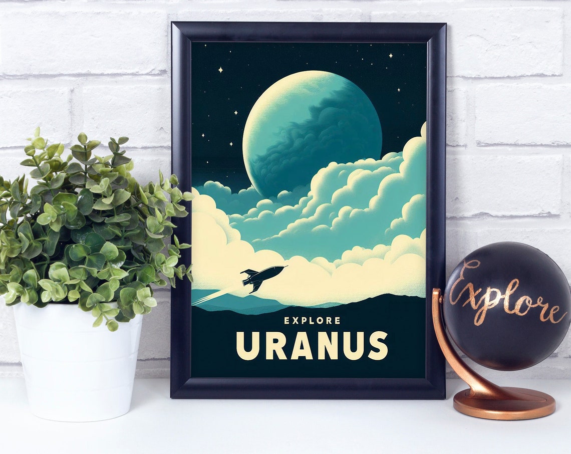 Explore Uranus Retro Space Travel Rocket Planet Clouds Poster