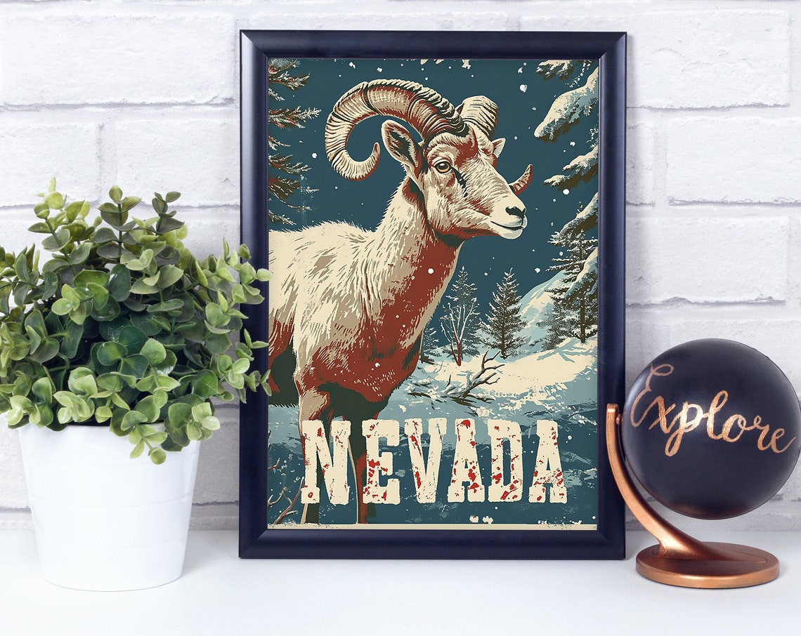 Nevada Bighorn Sheep Snowy Mountain Vintage Wildlife Art Poster