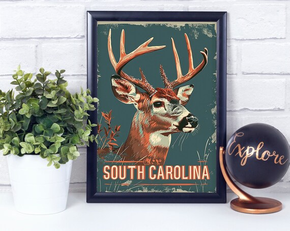 Whitetailed Deer South Carolina National State Animal Vintage Retro Style Poster Print Wall Dcor