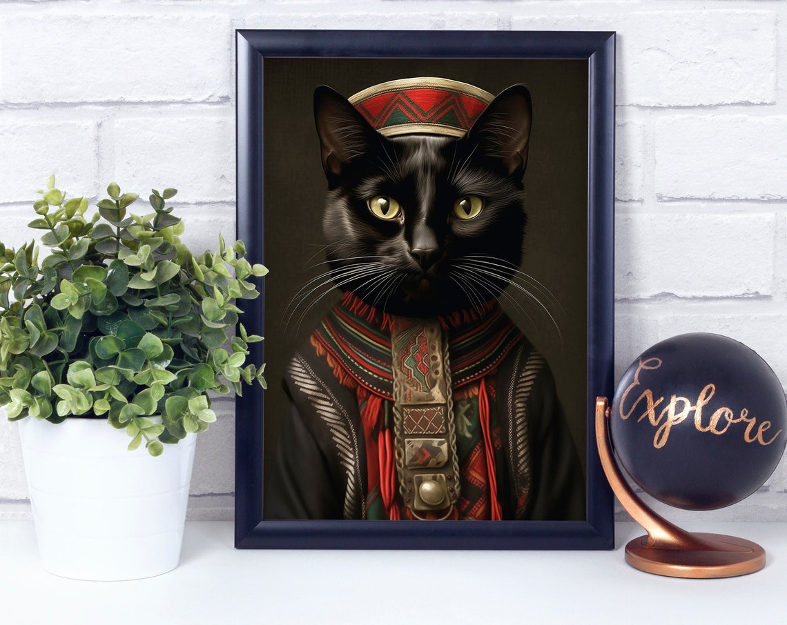 Black Cat in Traditional Peruvian Woven Costume Portrait Poster