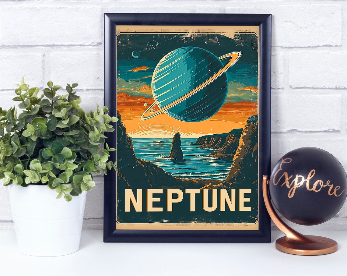 Neptune Planet Retro Space Travel Vintage Style Cosmic Poster