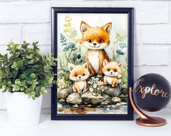 Mama Fox With Her Two Cubs Poster Print Wall Dcor