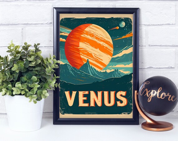 Planet Venus Retro Space Travel Art Orange Sky Alien Mountain Scene Poster