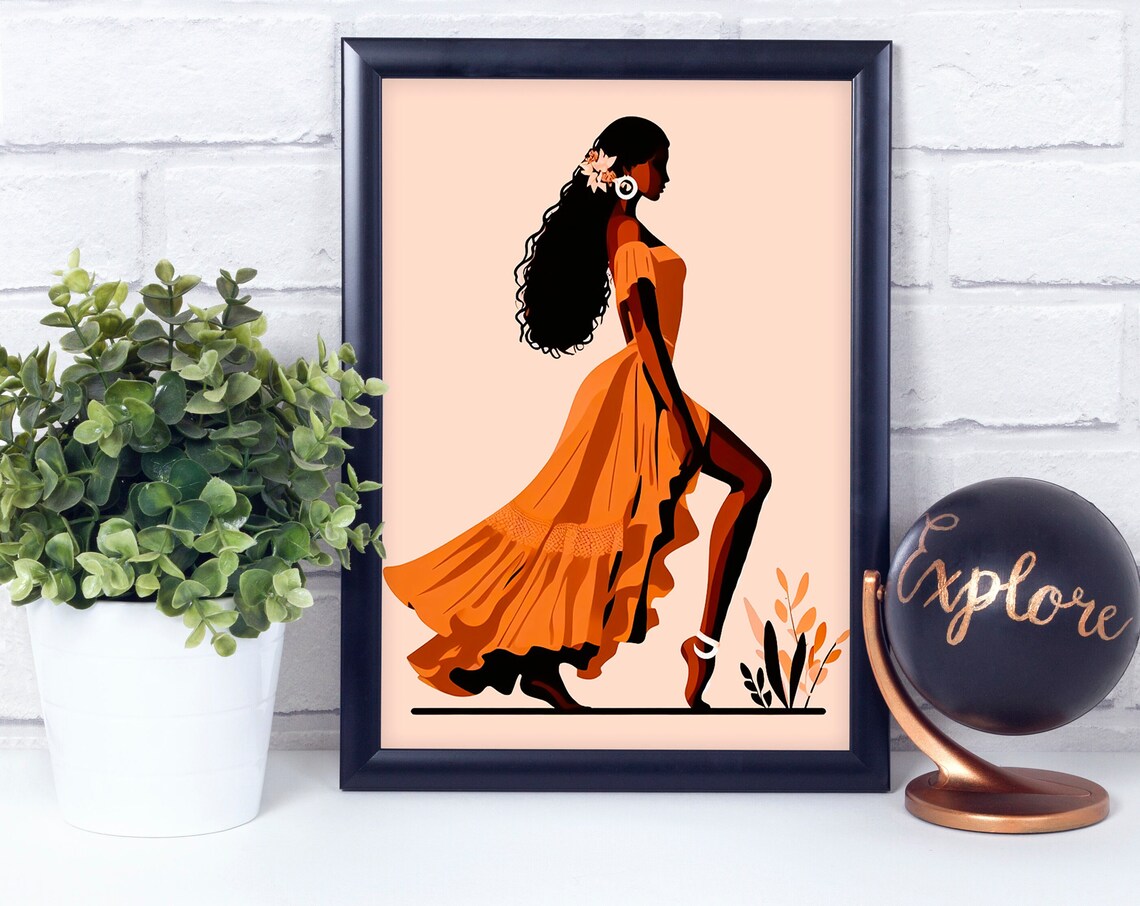 Woman in Flowing Orange Dress Elegant Modern Illustrated Art Print