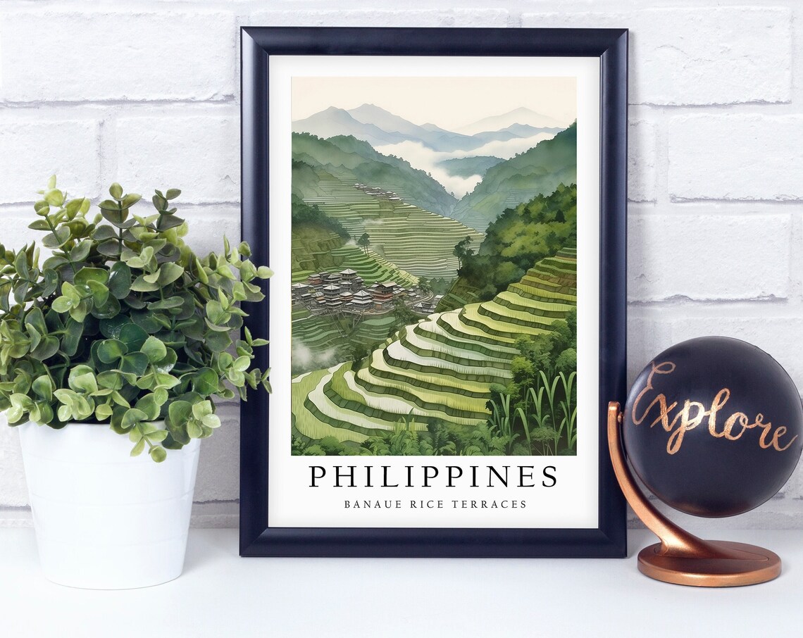 Banaue Rice Terraces Philippines Misty Travel Illustration Poster