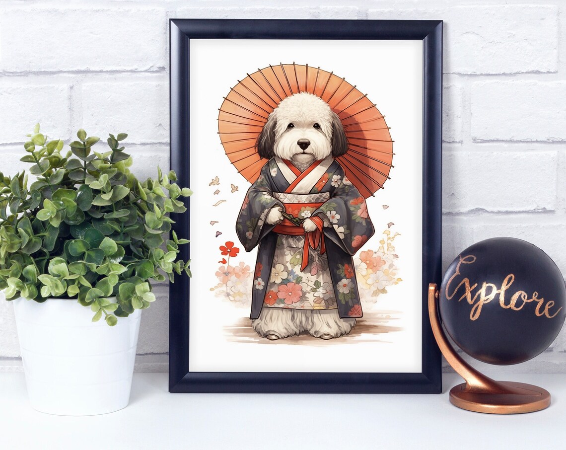 Fluffy Sheepdog in Floral Kimono with Parasol Cute Dog Poster