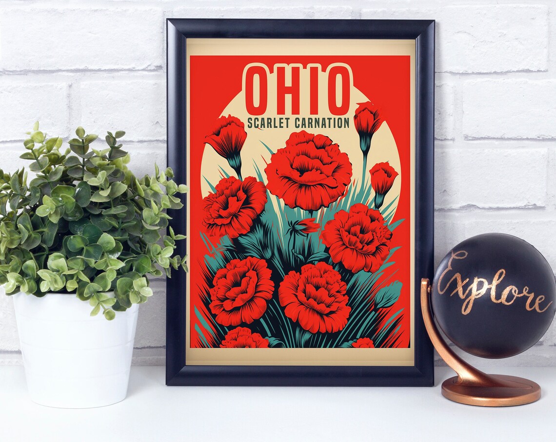 Ohio Scarlet Carnation Vintage Retro Flower State Bloom Poster