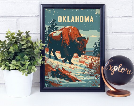 Bison Oklahoma National State Animal Vintage Retro Style Poster Print Wall Dcor