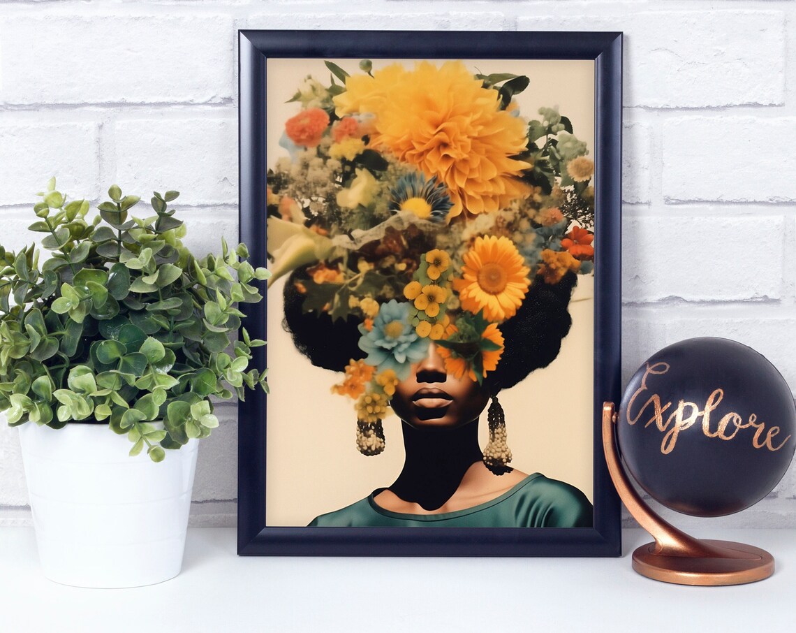 Black Woman with a Big Golden Floral Afro Hair Portrait Art Print