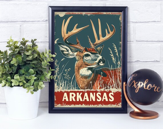 Whitetailed Deer Arkansas National State Mammal Vintage Retro Style Poster Print Wall Dcor