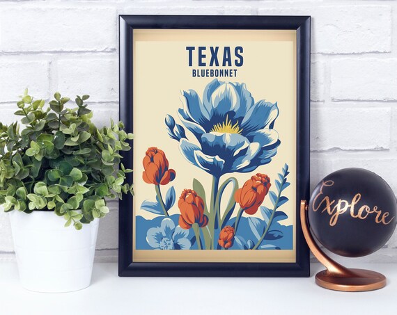 Texas Bluebonnet Retro Flower Poppy Style Vintage Wildflower Art Poster