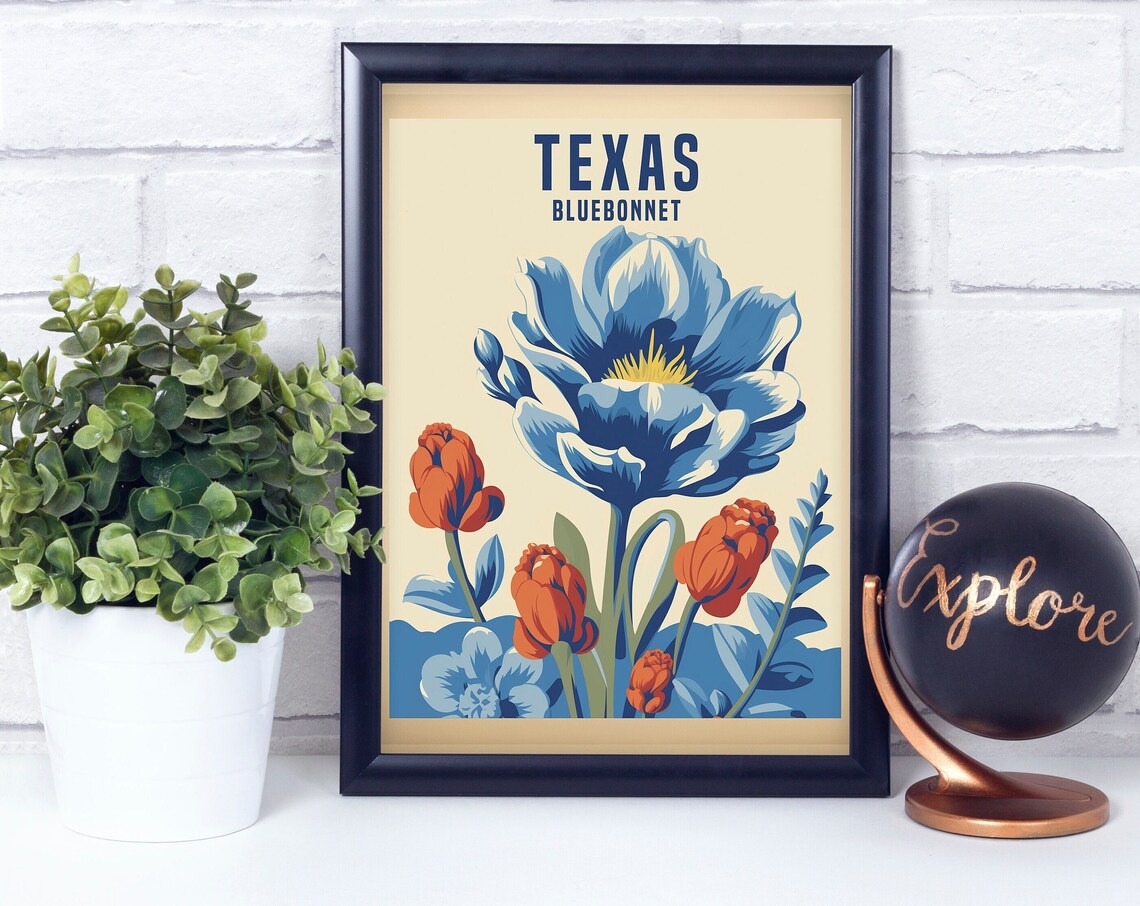 Texas Bluebonnet Retro Flower Poppy Style Vintage Wildflower Art Poster