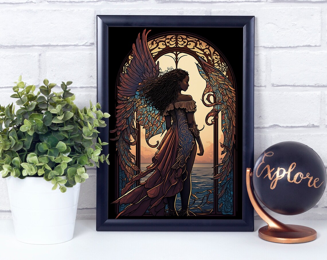 Black Angel Goddess Stained Glass Style Angel Wings Art Poster