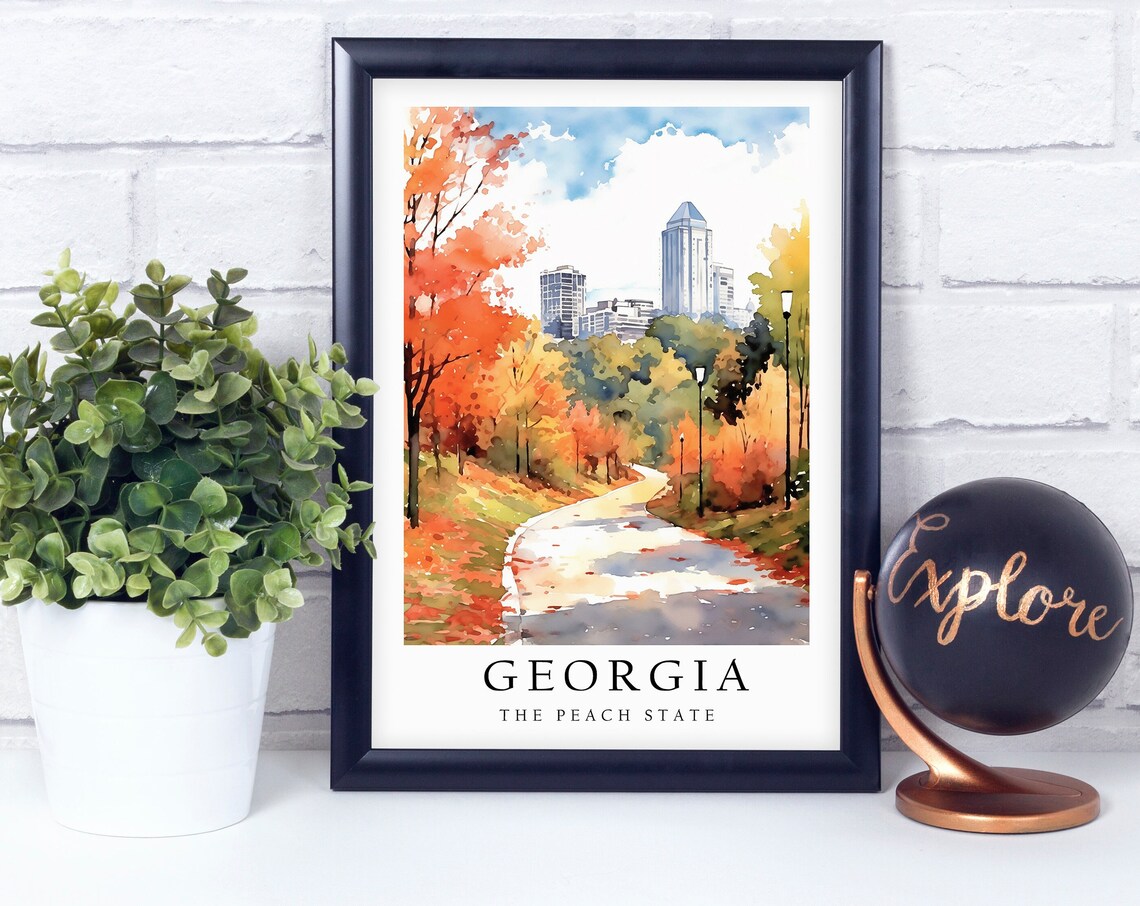 Georgia Peach State Autumn Park City Skyline Watercolor Travel Poster