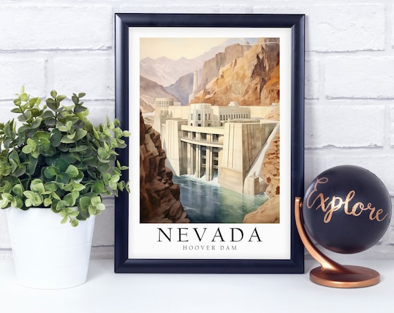 Hoover Dam Nevada Watercolor Desert Canyon Landmark Travel Poster