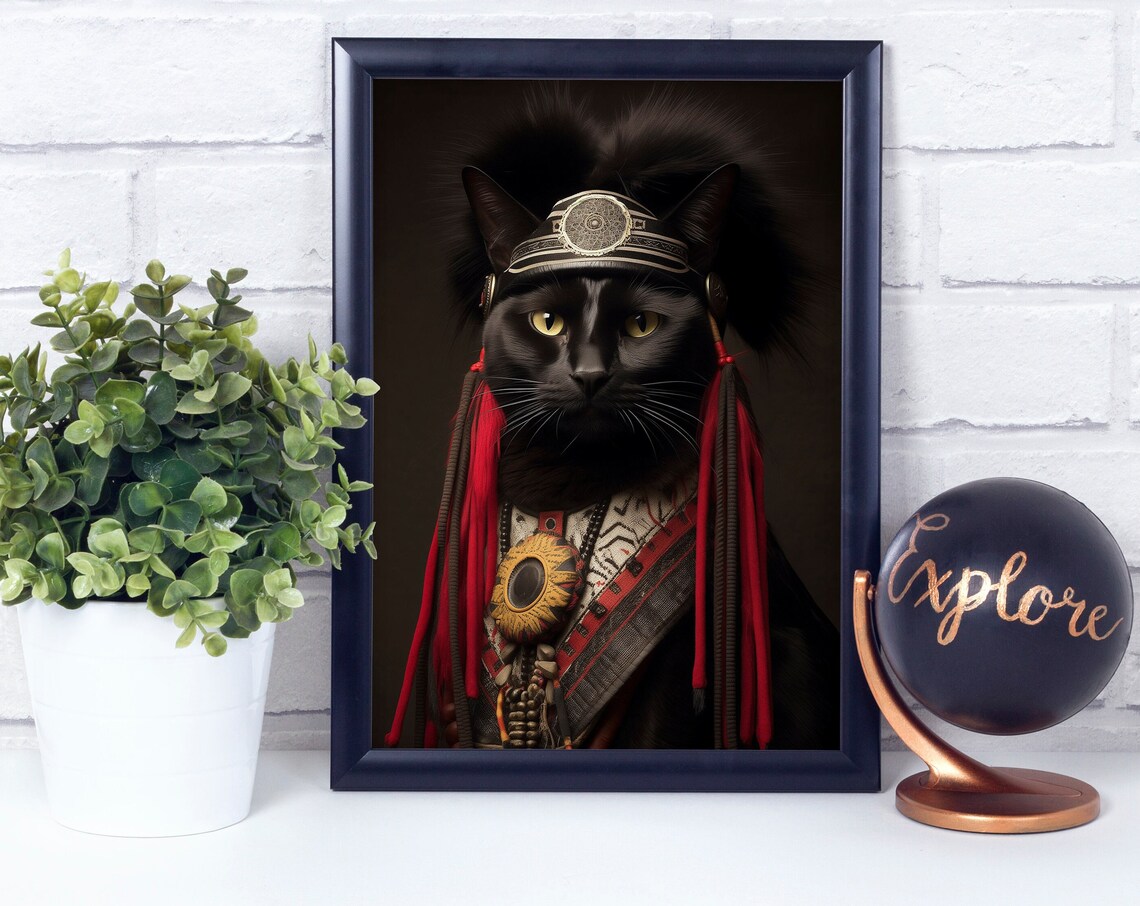 Black Cat in Traditional Peruvian Festival Headdress Portrait Poster