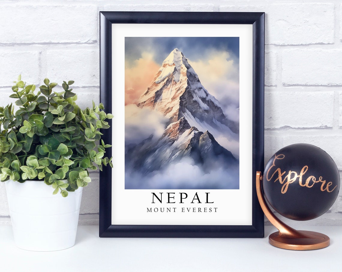 Nepal Mount Everest Snow Capped Peak Watercolor Travel Art Poster