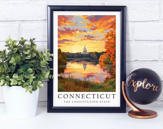 Connecticut The Constitution State Sunset Lake Retro Travel Art Poster