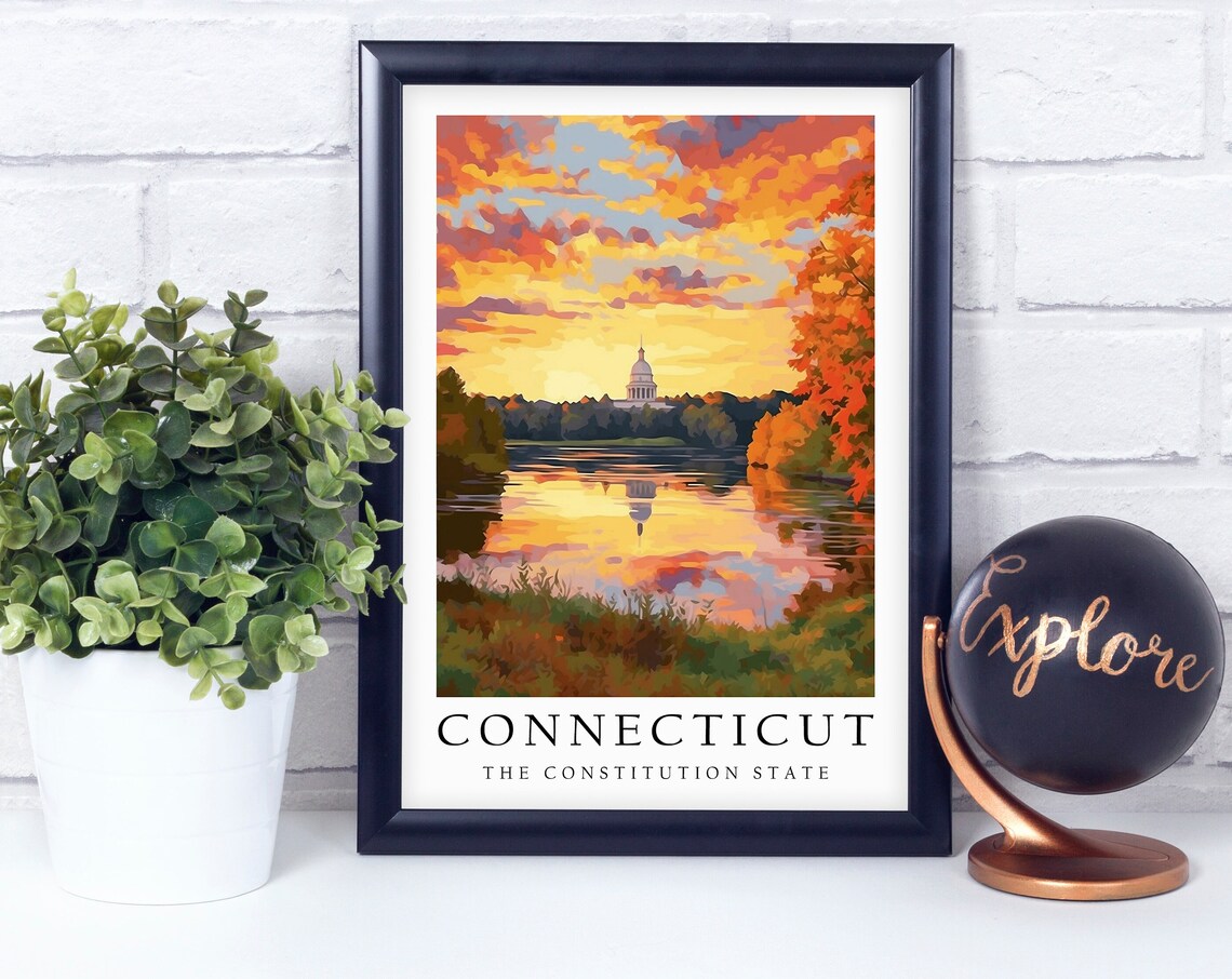 Connecticut The Constitution State Sunset Lake Retro Travel Art Poster