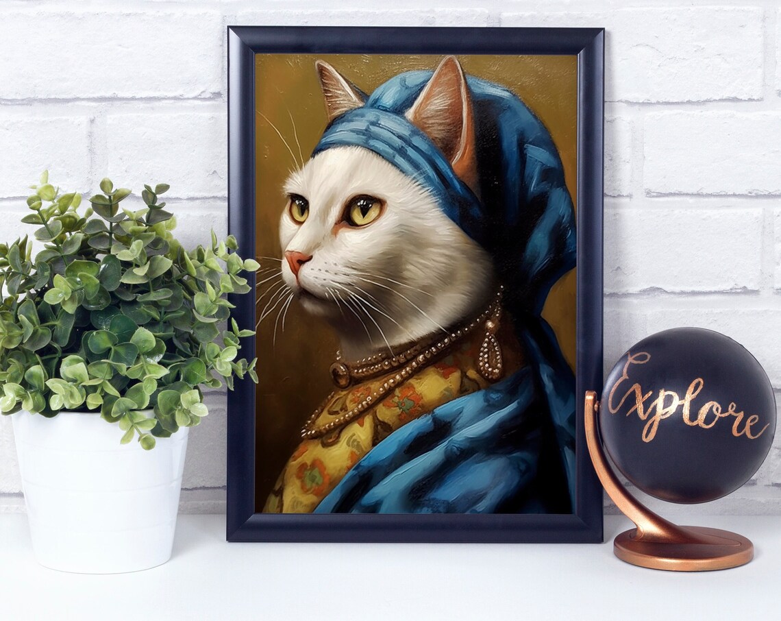 White Cat Girl With A Pearl Earring Funny Pet Portrait Poster