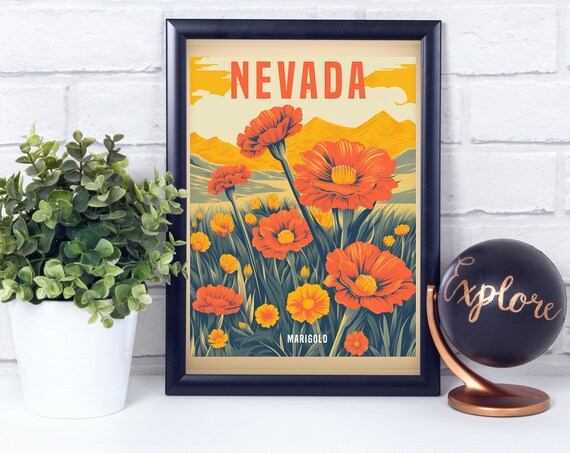 Nevada Marigold Orange Desert Wildflower Vintage State Flower Poster