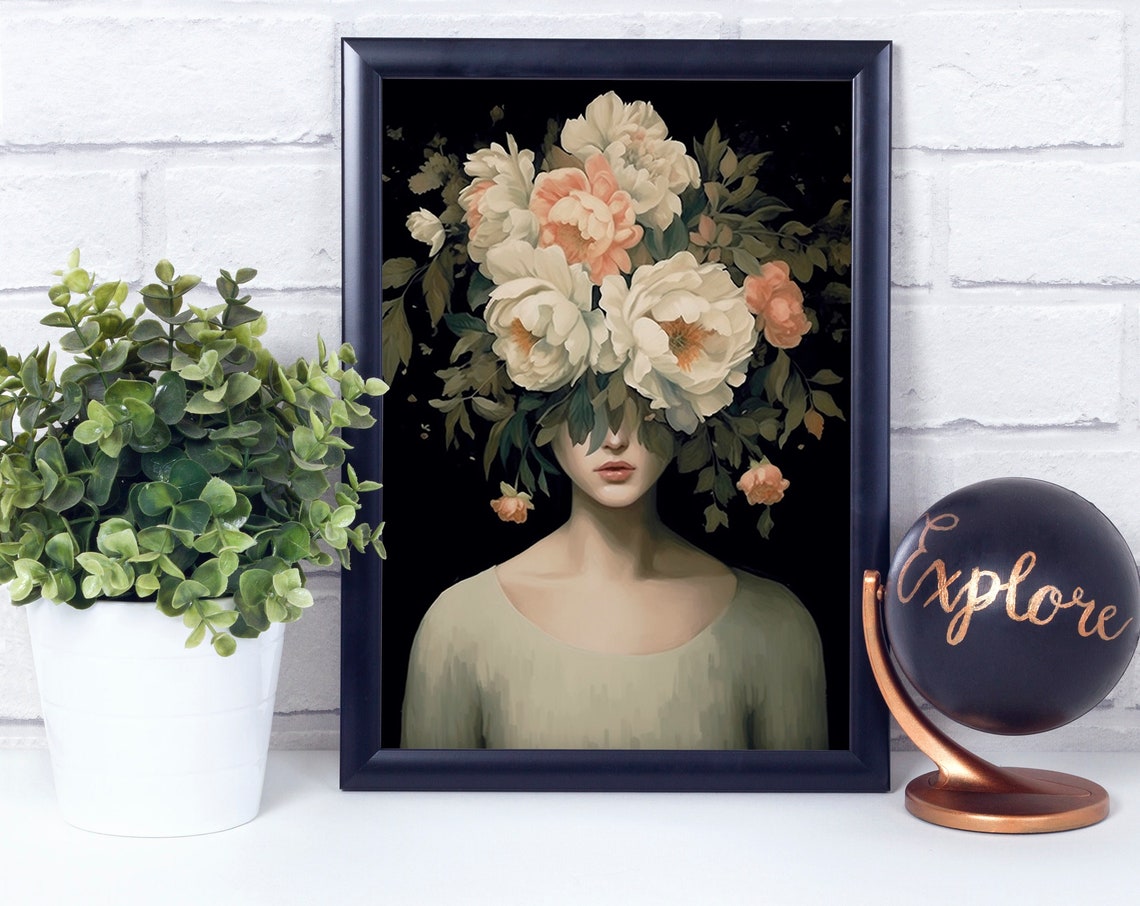 Woman with Cream Peony Bouquet Head on Dark Floral Art Print