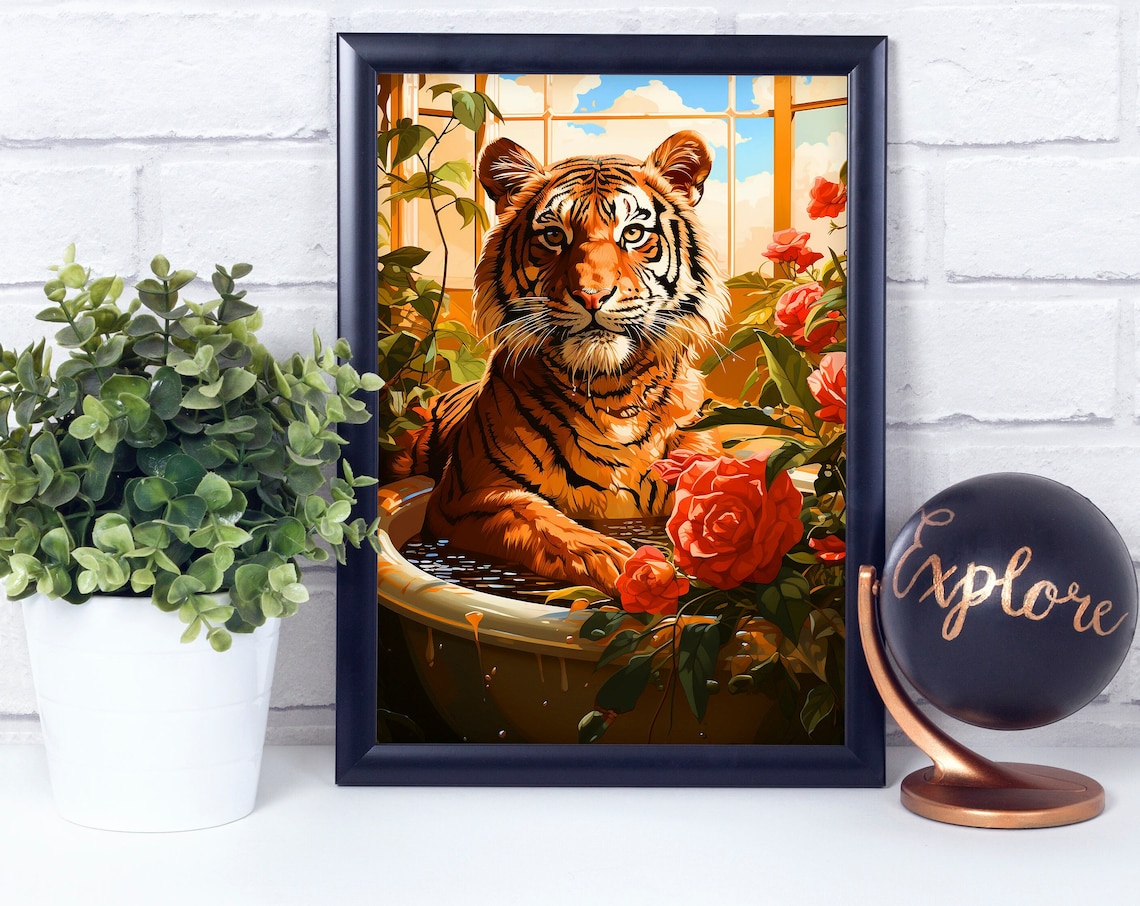 Playful Tiger Relaxing in a Bathtub Surrounded by Red Roses Poster