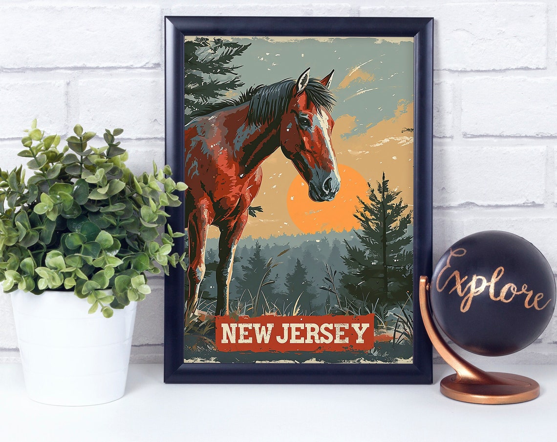 New Jersey Horse Sunset Pine Forest Vintage State Animal Poster