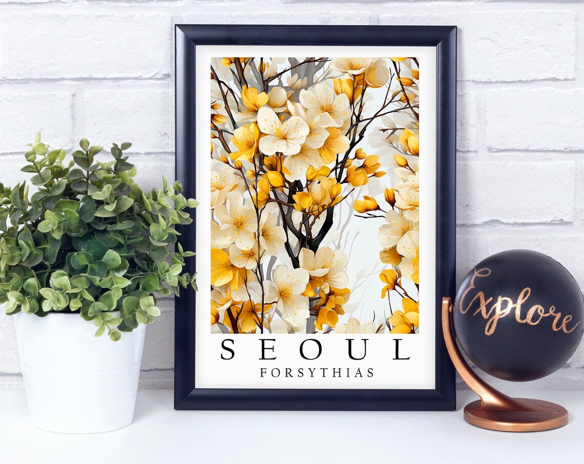 Seoul Yellow Forsythia Blossoms Korean Botanical Travel Art Poster