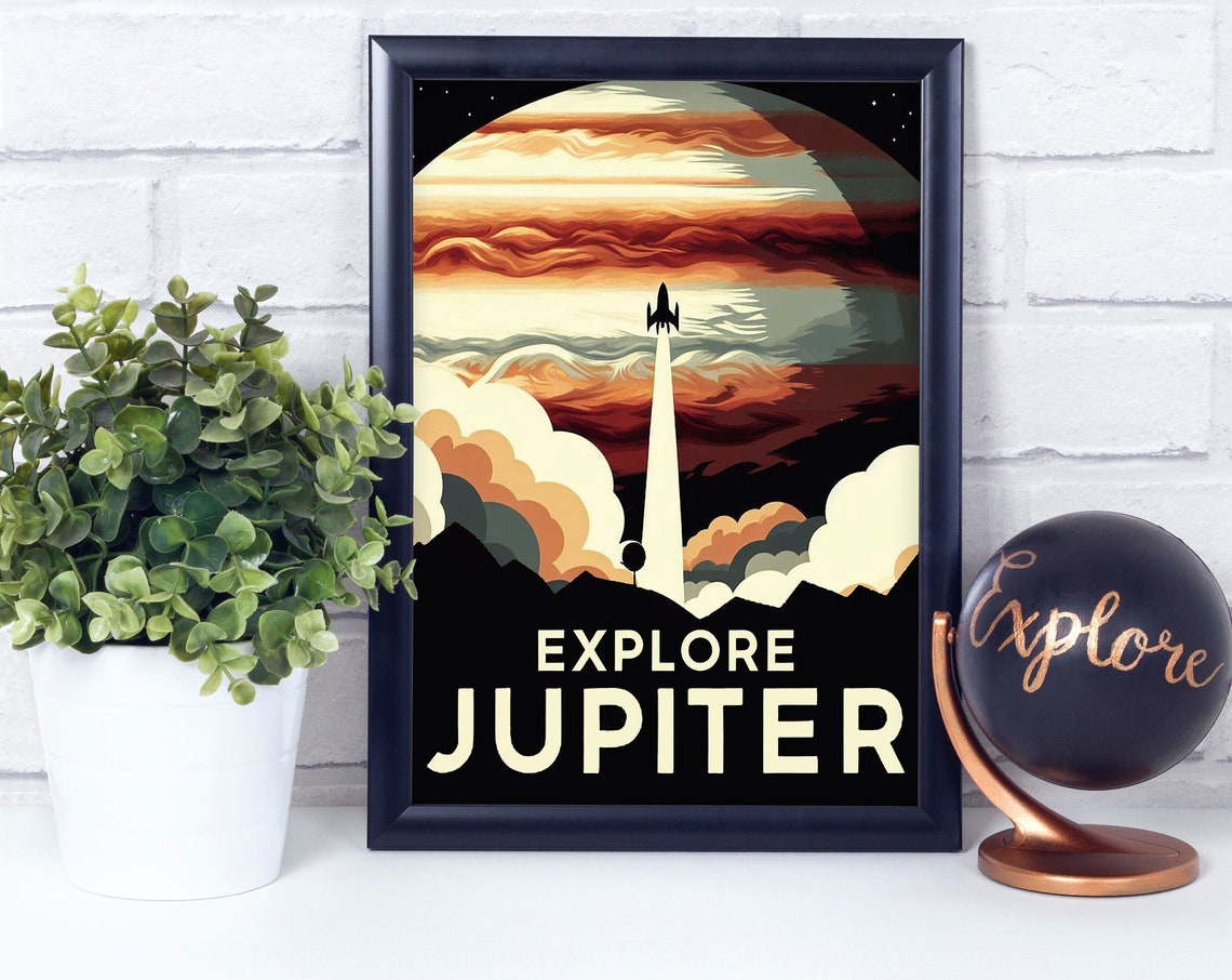 Explore Jupiter Rocket Retro Space Travel Adventure Art Poster