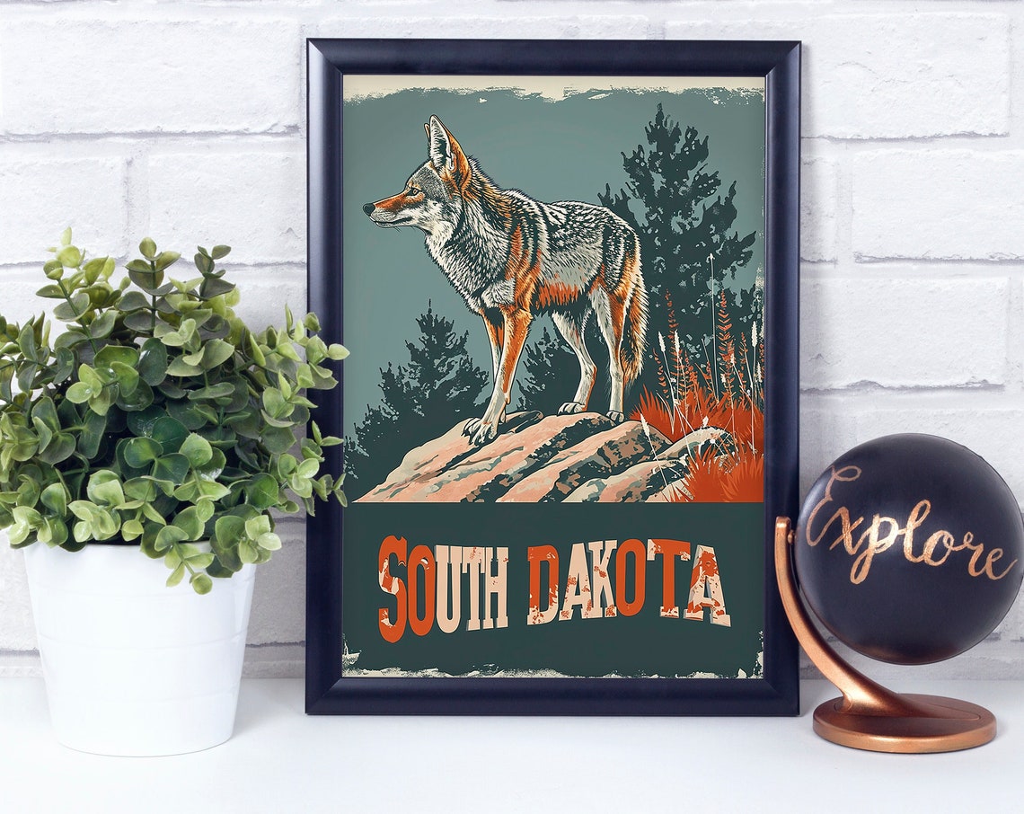 South Dakota Coyote Prairie Retro Vintage Wildlife Travel Poster