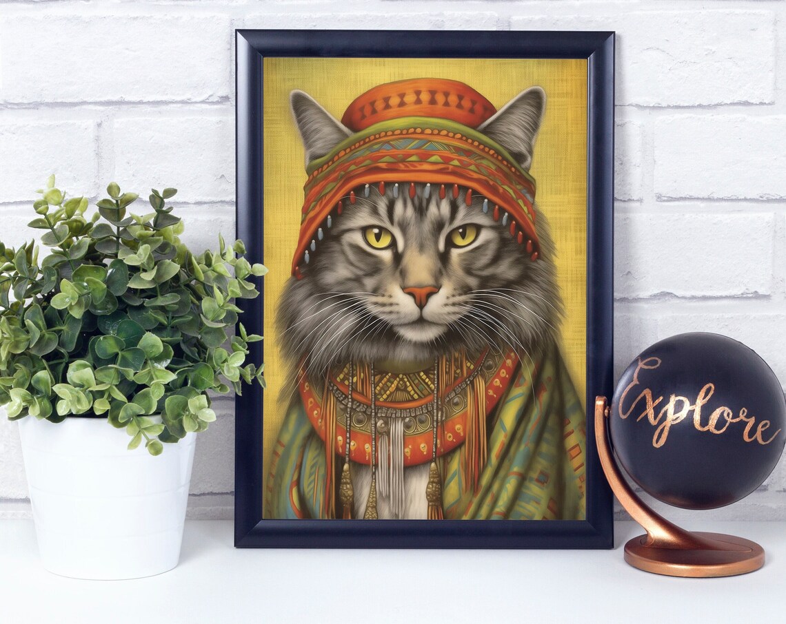 Rastafarian Cat Portrait with Tribal Beads and Hat Animal Poster