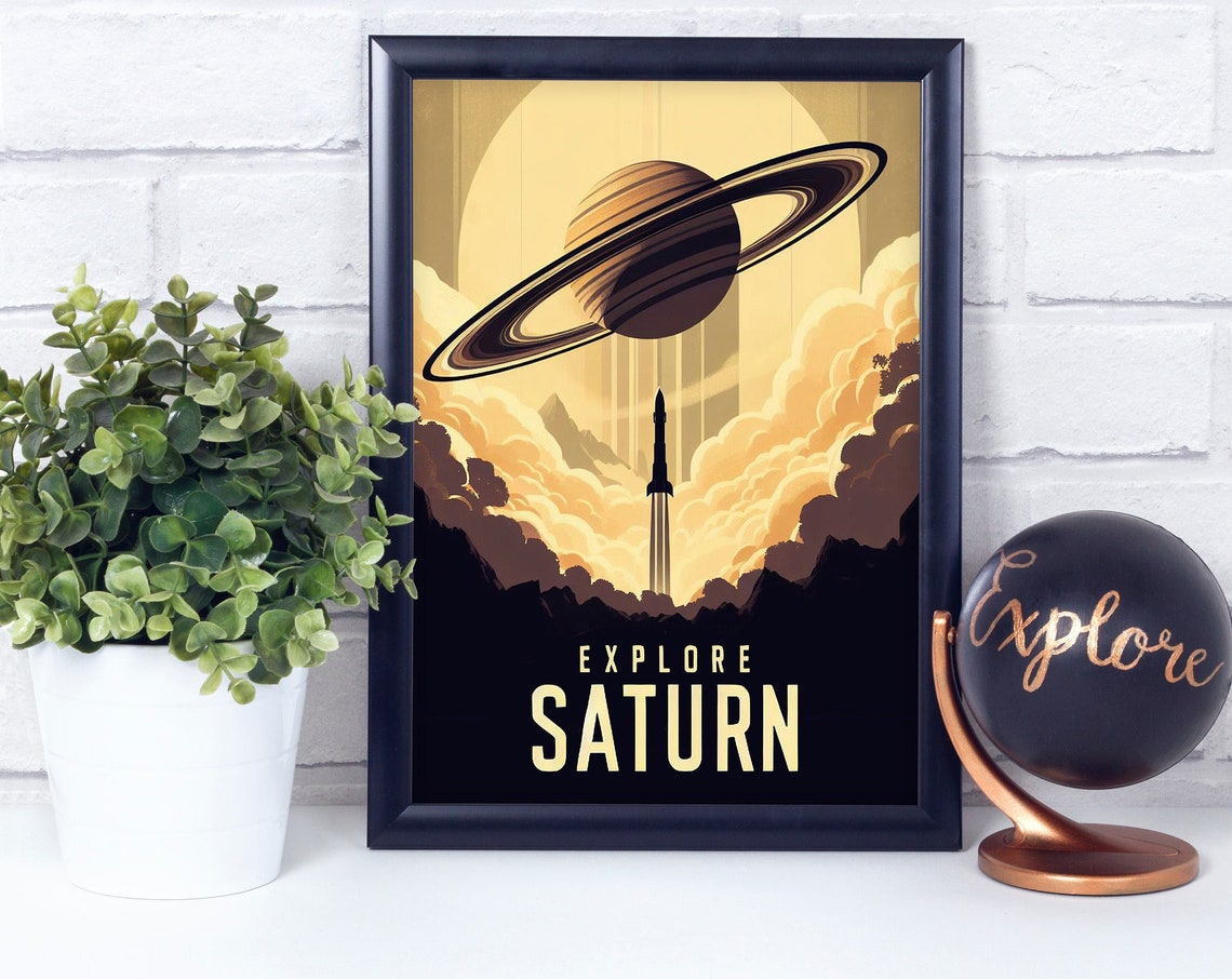 Explore Saturn Retro Space Rocket Launch Planet Travel Poster