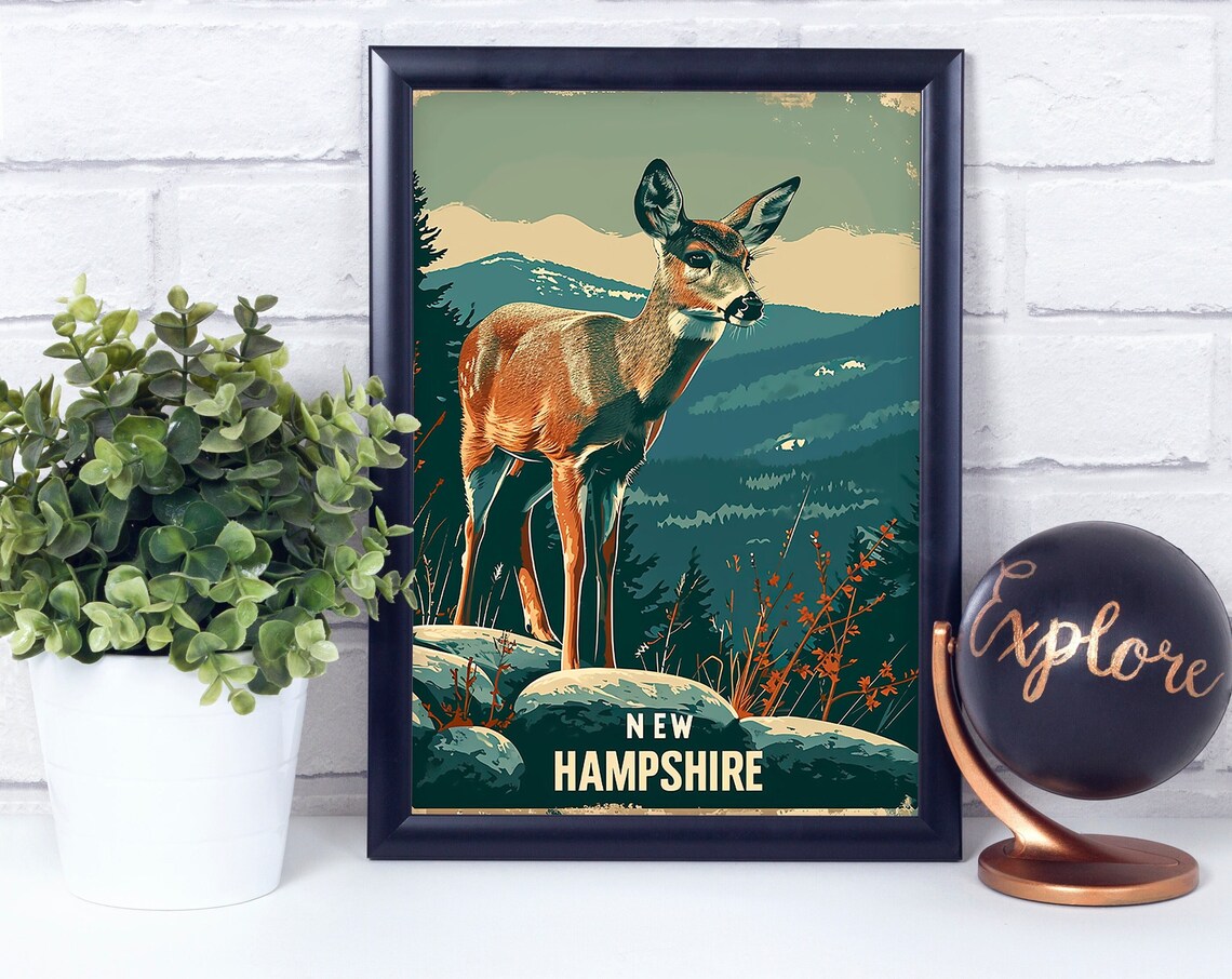 White Tail Deer New Hampshire National State Animal Vintage Retro Style Poster Print Wall Dcor