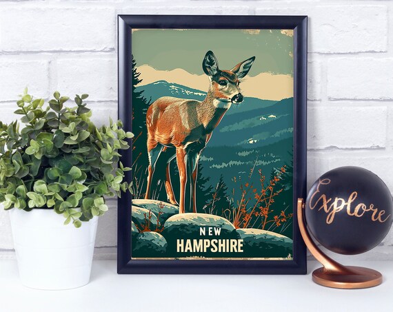 White Tail Deer New Hampshire National State Animal Vintage Retro Style Poster Print Wall Dcor