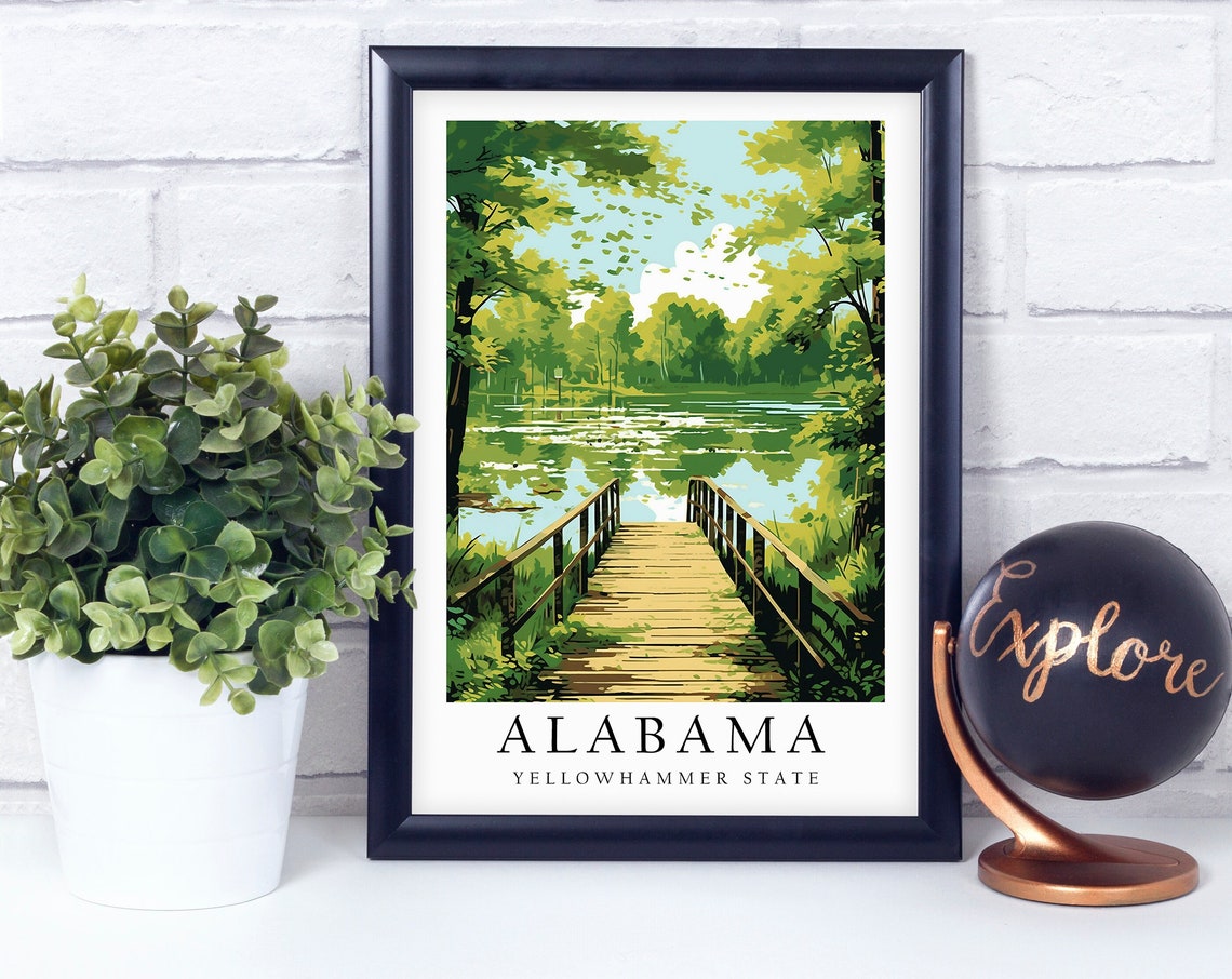 Alabama Yellowhammer State Boardwalk Lake Scenic Travel Poster