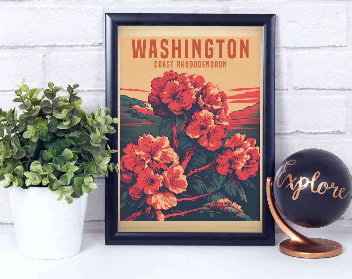 Washington Coast Rhododendron Retro Botanical State Flower Poster