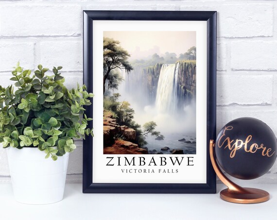 Victoria Falls Zimbabwe Misty Watercolor Waterfall Travel Poster