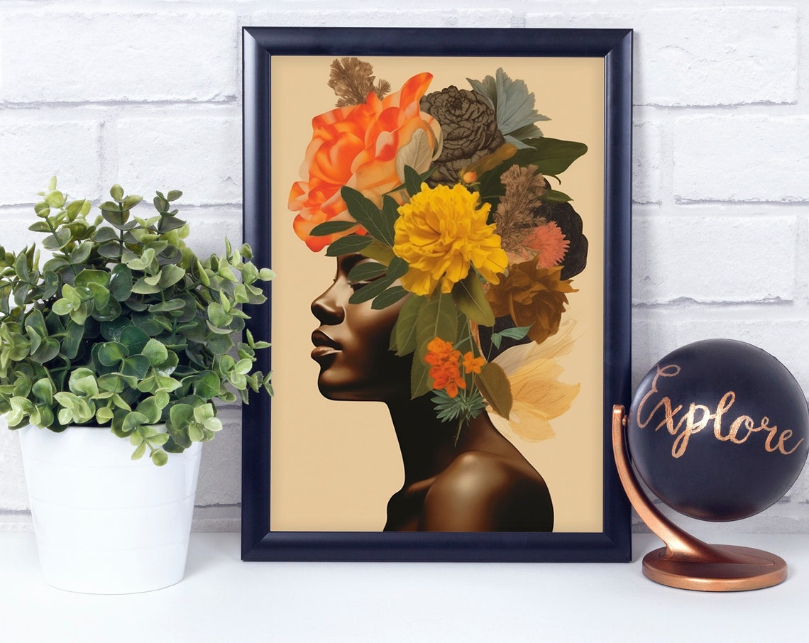 Black Woman Profile with Blooming Orange Flowers Beauty Art Print