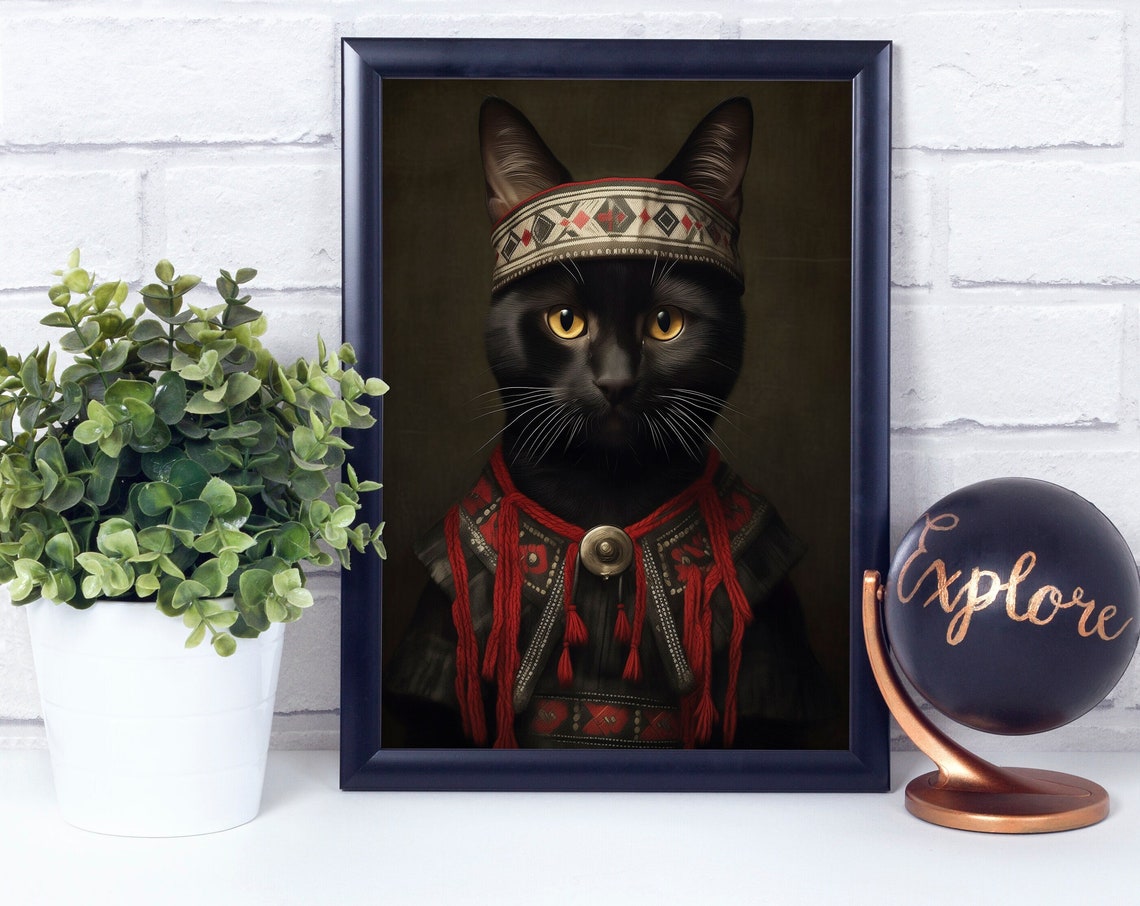 Black Cat in Peruvian Woven Headband with Red Tassels Poster